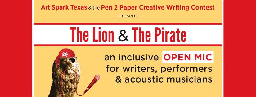 Text with details of the Open Mic on mustard yellow background, bottom left is stone lion wearing a pirate hat and eye patch holding a mic in its mouth.