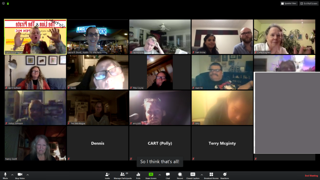 20 small square video frames fill up a computer screen. Inside each frame is an open mic performer or audience member participating from their own home; several of them are applauding the previous act.