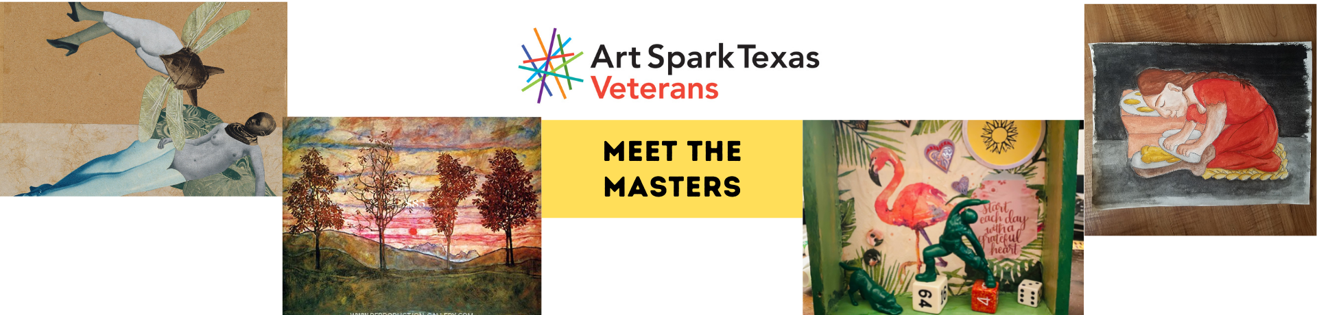 row of art images with Art Spark Texas Veterans logo and text Meet the Masters