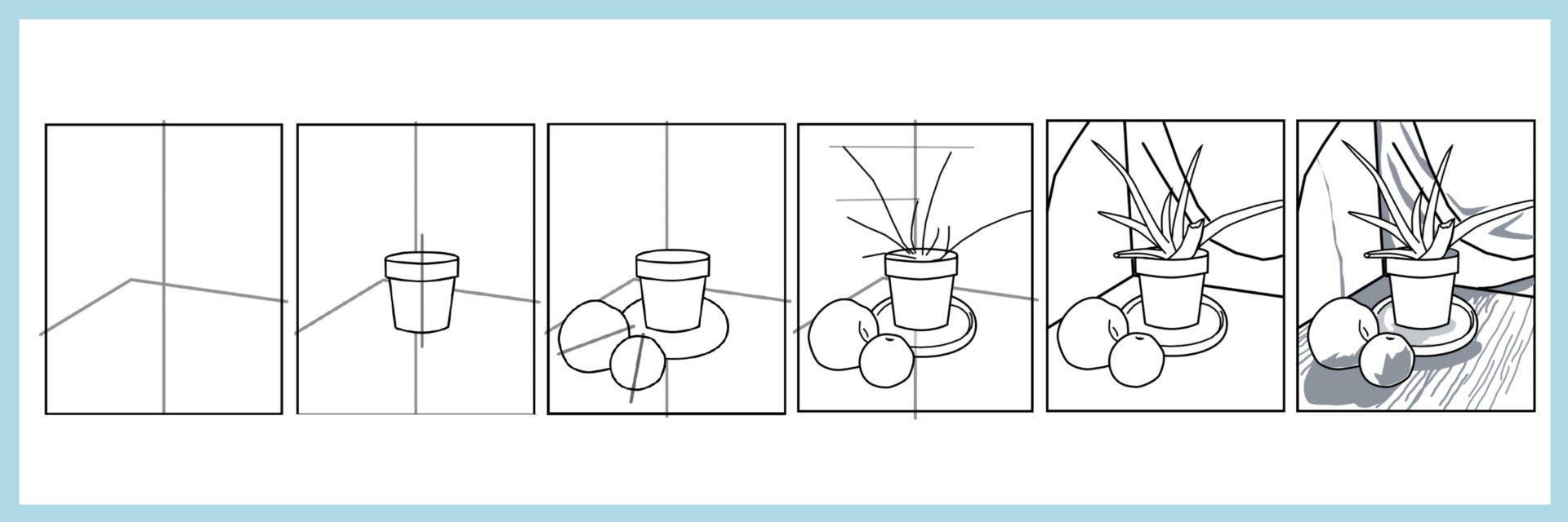 Detailed illustration of the 6 stages in drawing a still-life.
