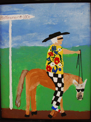 Man in a brightly colored shirt riding a horse past a sign that read "Retirement"