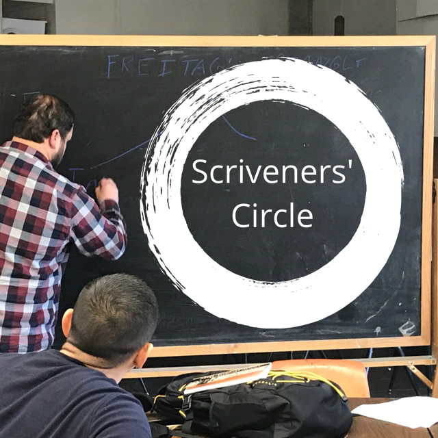 teacher at chalkboard with Scriveners' Circle written on the board
