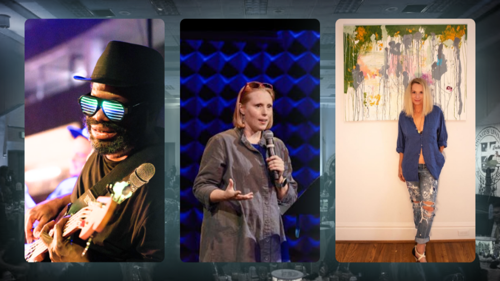 Image of guests at Soul Sight Sound - Musician D-Madness, Artist Elizabeth Decker, and Dr Ashley Shew (emcee)