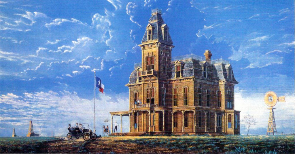 Randy Souders painting shows North Texas mansion with big blue sky and oil derricks in background