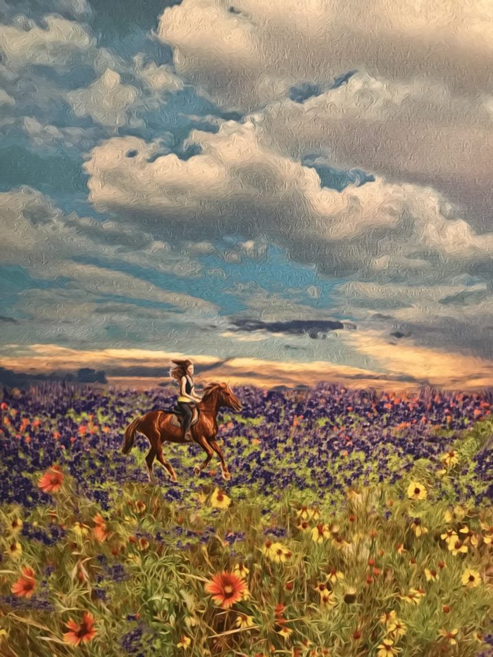 Morning Ride A digitally enhanced photograph of a woman riding a horse across a field of wild flowers with big billowing white clouds overhead in the blue sky.