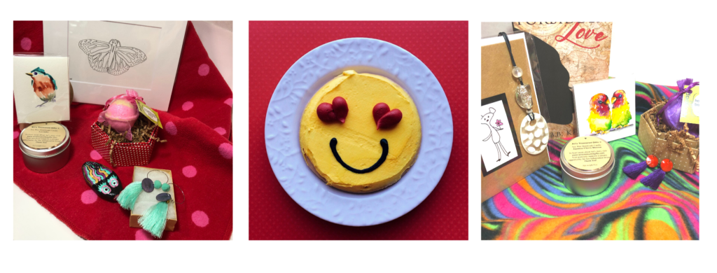 3 colorful square images with bird watercolor paintings, bath bombs in folded paper hexagonal boxes, painted rocks, fringe earrings, metal earrings, clear and white beaded pendant necklace on black cord, butterfly and bear line drawings, a book and candles in round metal canisters atop red polka dot fabric (left image) and a swirled psychedelic, purple, hot pink, lime, yellow and black fabric (right image). The center image is a white plate with a yellow iced smiley cookie with hearts for eyes