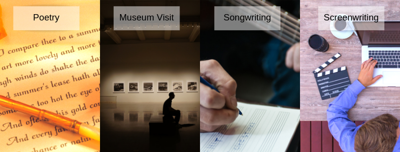 Four photos representing poetry, a museum visit, songwriting, and screenwriting