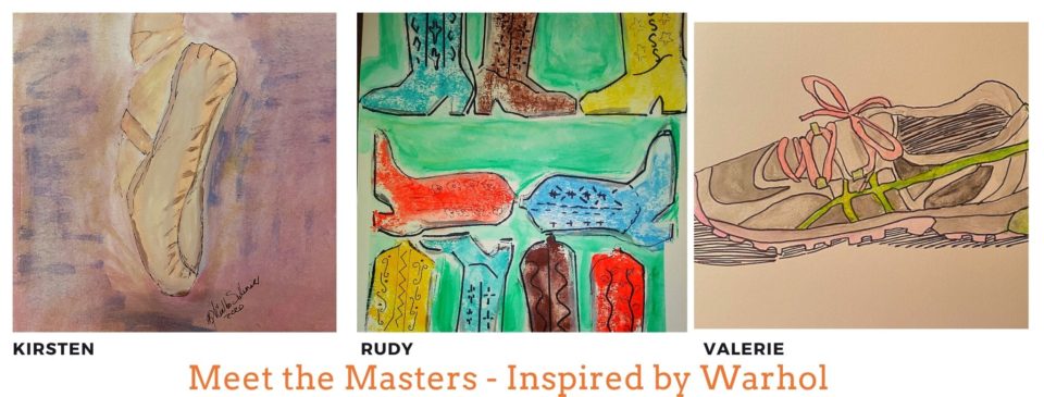 Watercolor paintings of a ballet point shoe, a repeated pattern of colorful cowboy boots, and a running shoe.